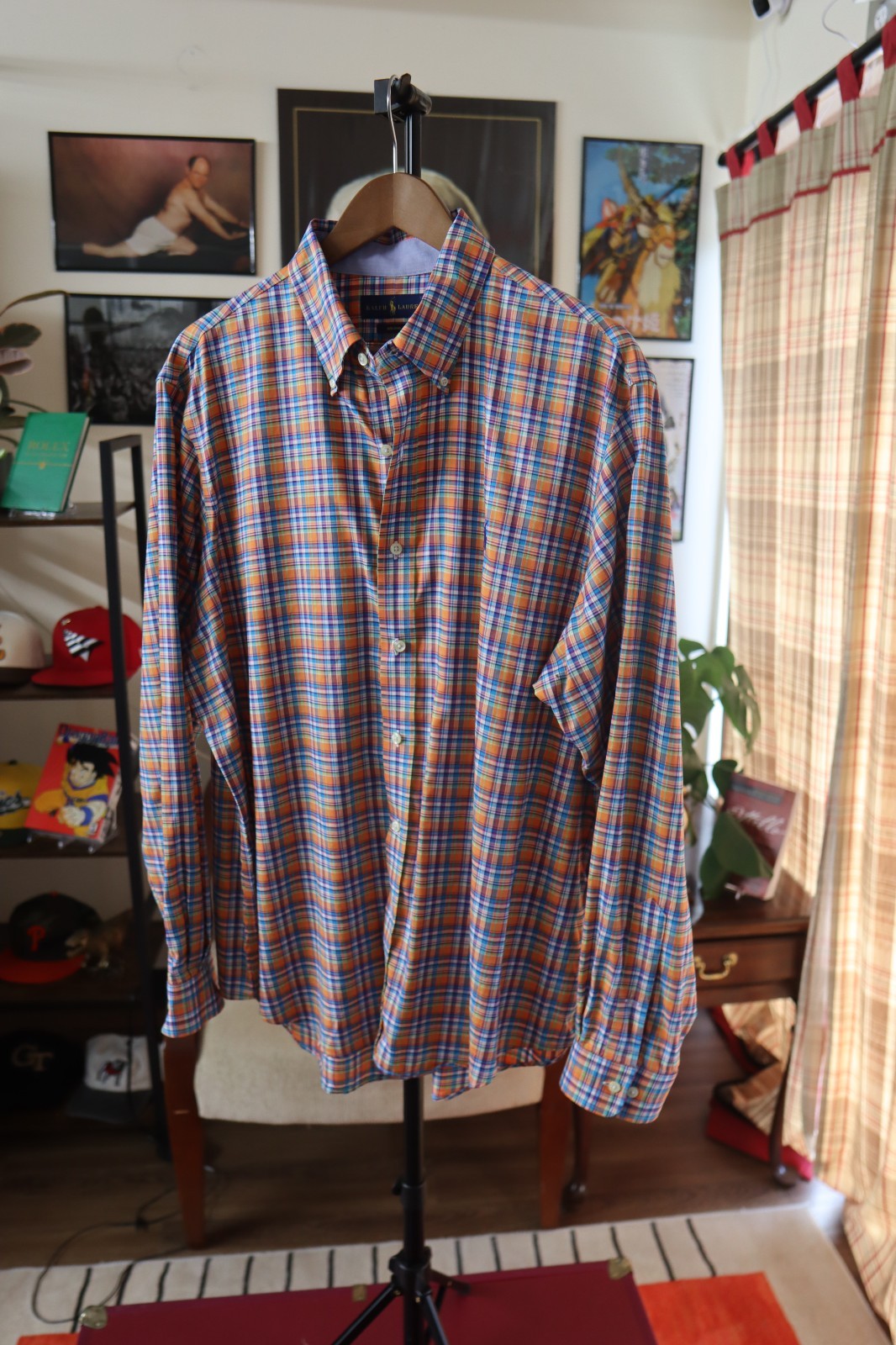 Ralph Lauren Polo Shirt Mens XL Plaid Orange & Blue Long Sleeve Polo Logo