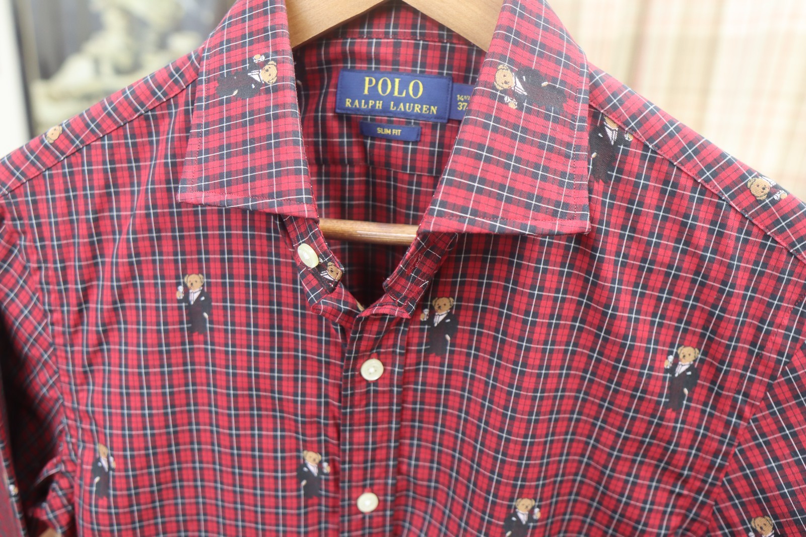 Polo Ralph Lauren Red/Black Plaid WINE-TOASTING BEARS Shirt Slim Fit 14 1/2 - 37
