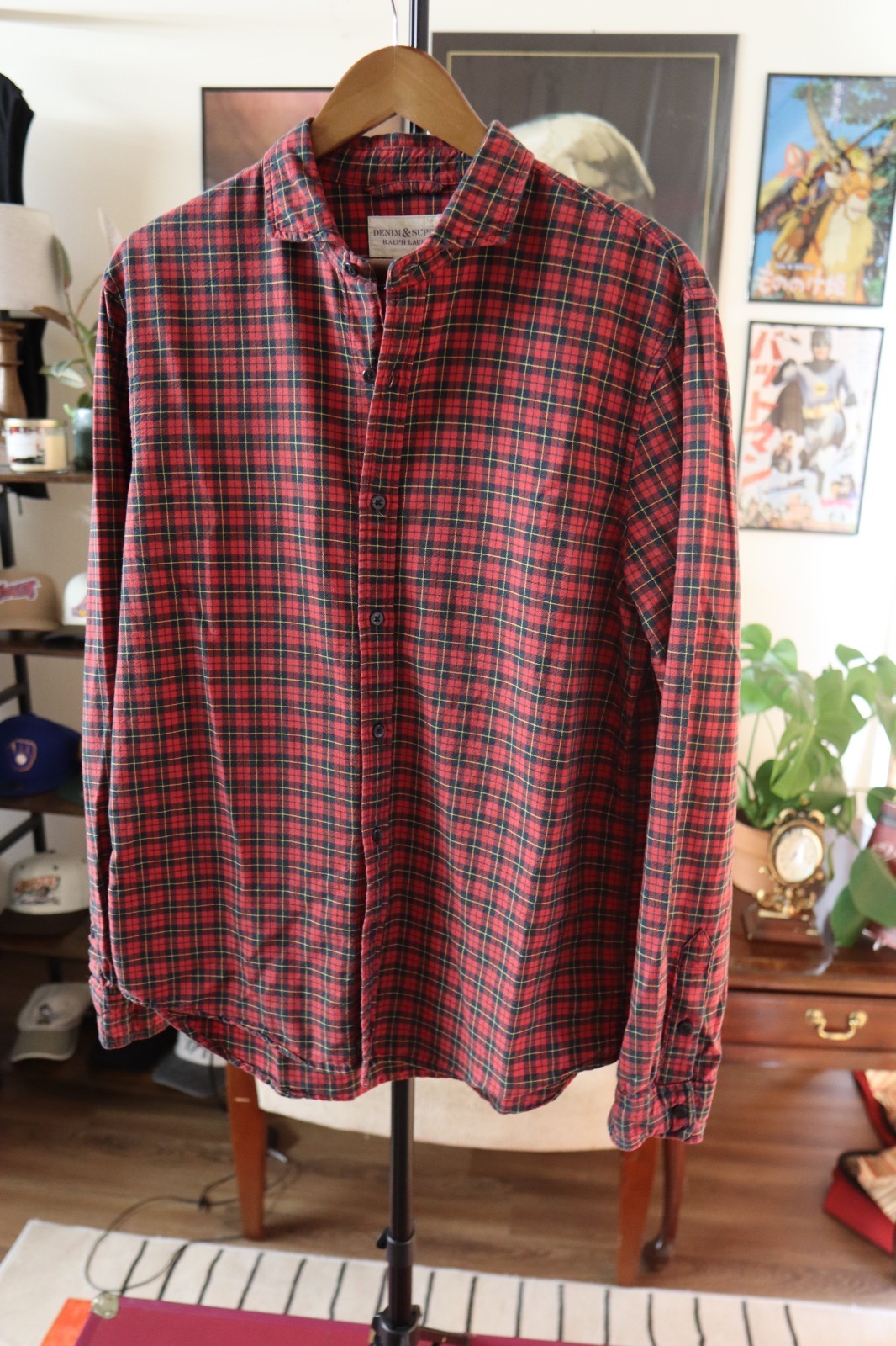 Denim & Supply Ralph Lauren Shirt Mens Oxford Cotton Red Plaid Shirt Large