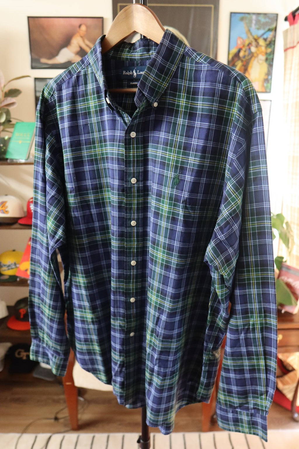Ralph Lauren Button Up Shirt Men’s Large XL Blue Green Yellow Plaid Long Sleeves