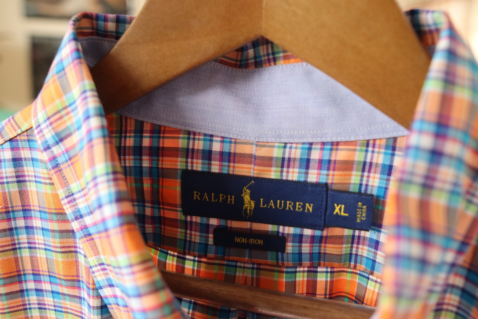 Ralph Lauren Polo Shirt Mens XL Plaid Orange & Blue Long Sleeve Polo Logo