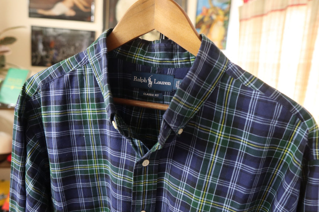 Ralph Lauren Button Up Shirt Men’s Large XL Blue Green Yellow Plaid Long Sleeves