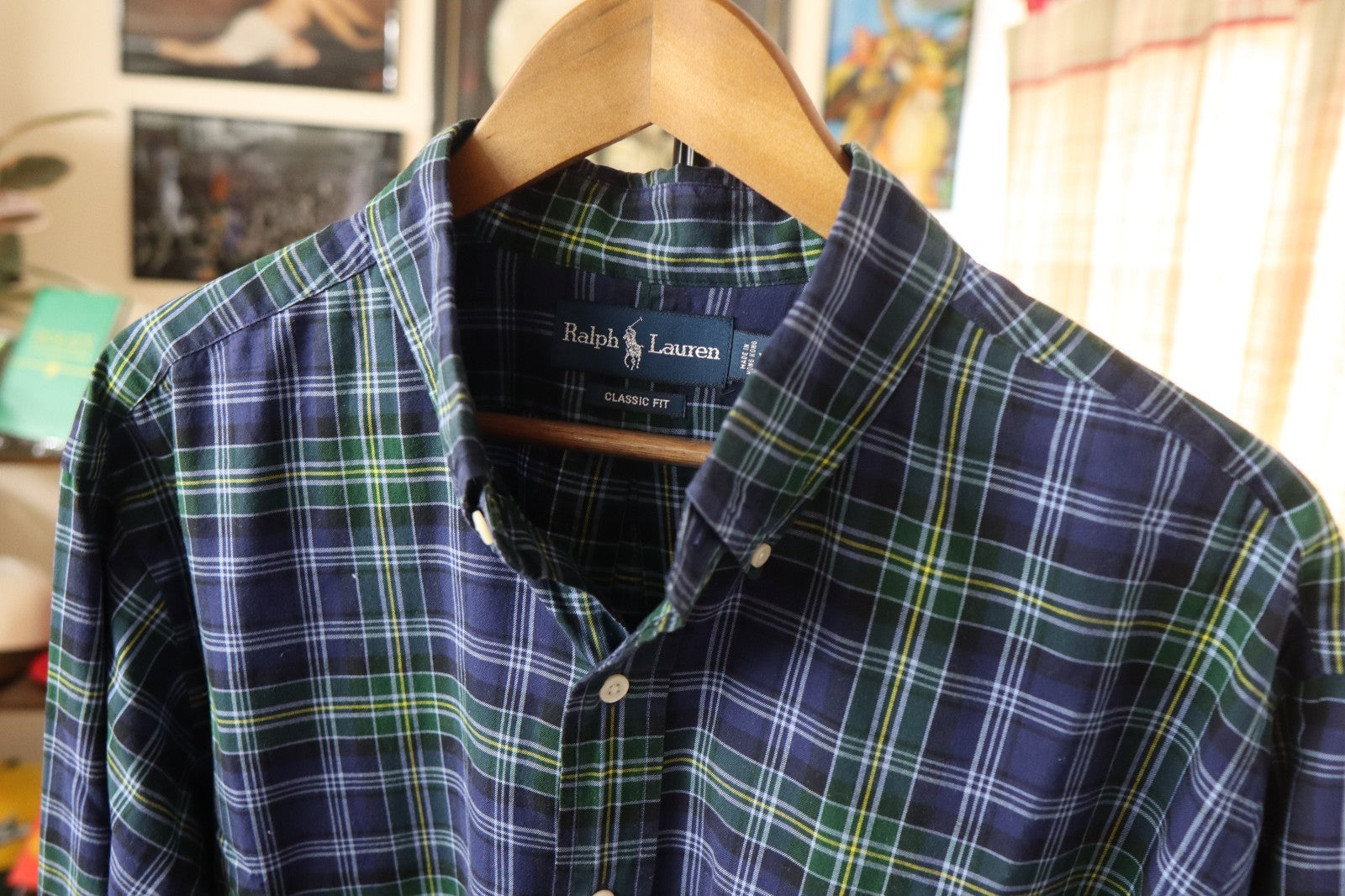 Ralph Lauren Button Up Shirt Men’s Large XL Blue Green Yellow Plaid Long Sleeves
