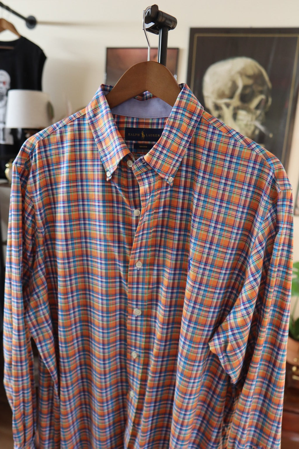 Ralph Lauren Polo Shirt Mens XL Plaid Orange & Blue Long Sleeve Polo Logo