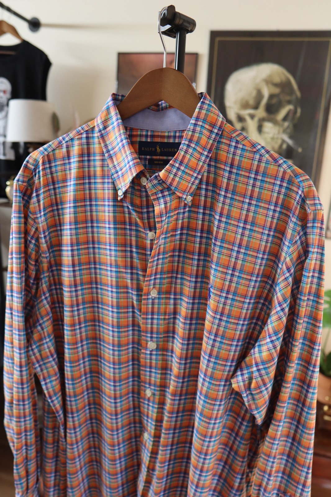 Ralph Lauren Polo Shirt Mens XL Plaid Orange & Blue Long Sleeve Polo Logo