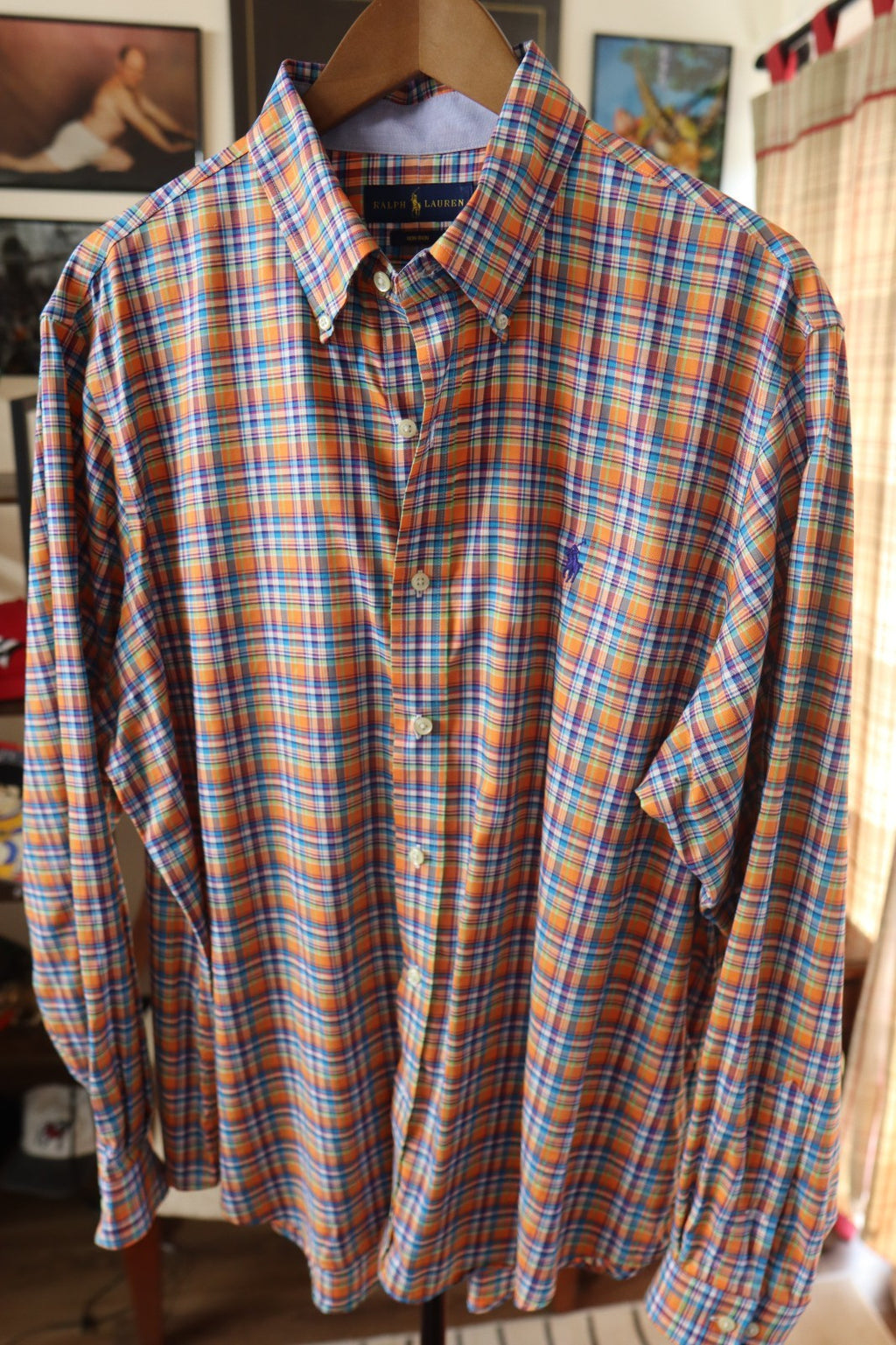 Ralph Lauren Polo Shirt Mens XL Plaid Orange & Blue Long Sleeve Polo Logo