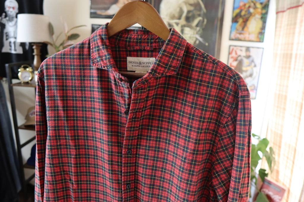 Denim & Supply Ralph Lauren Shirt Mens Oxford Cotton Red Plaid Shirt Large