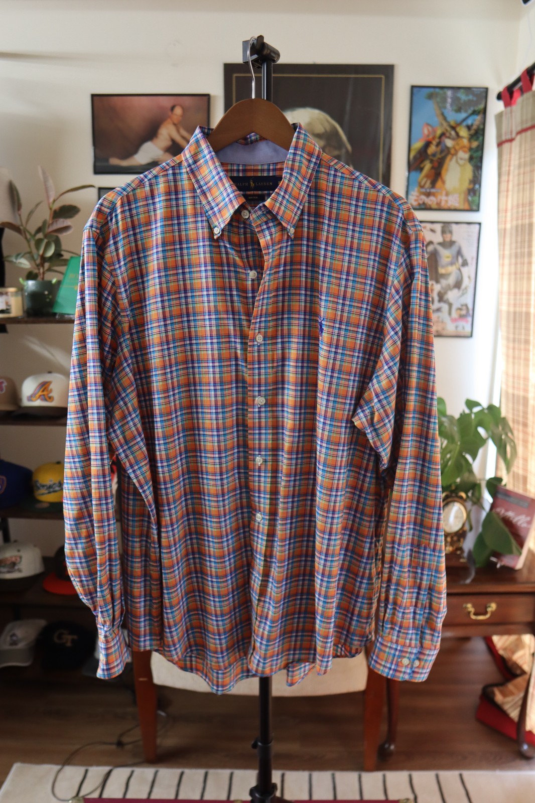 Ralph Lauren Polo Shirt Mens XL Plaid Orange & Blue Long Sleeve Polo Logo