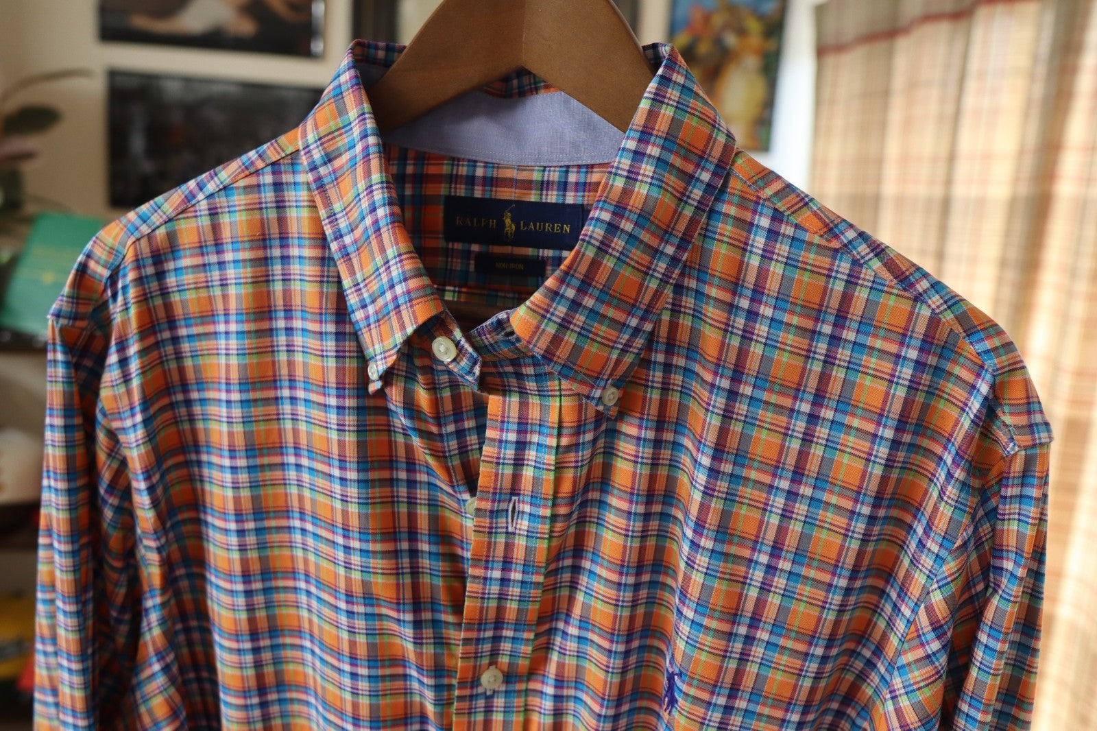 Ralph Lauren Polo Shirt Mens XL Plaid Orange & Blue Long Sleeve Polo Logo