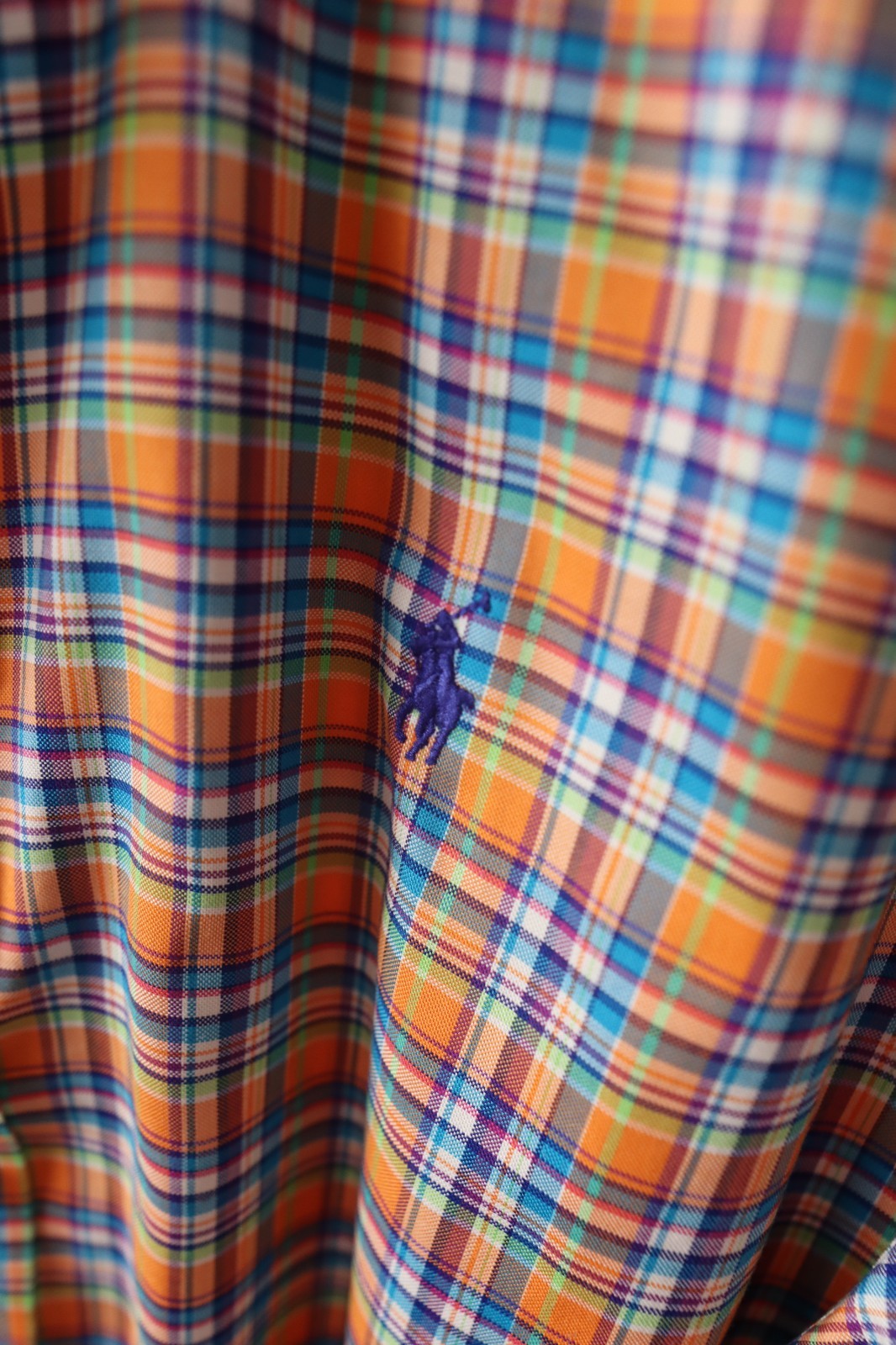 Ralph Lauren Polo Shirt Mens XL Plaid Orange & Blue Long Sleeve Polo Logo