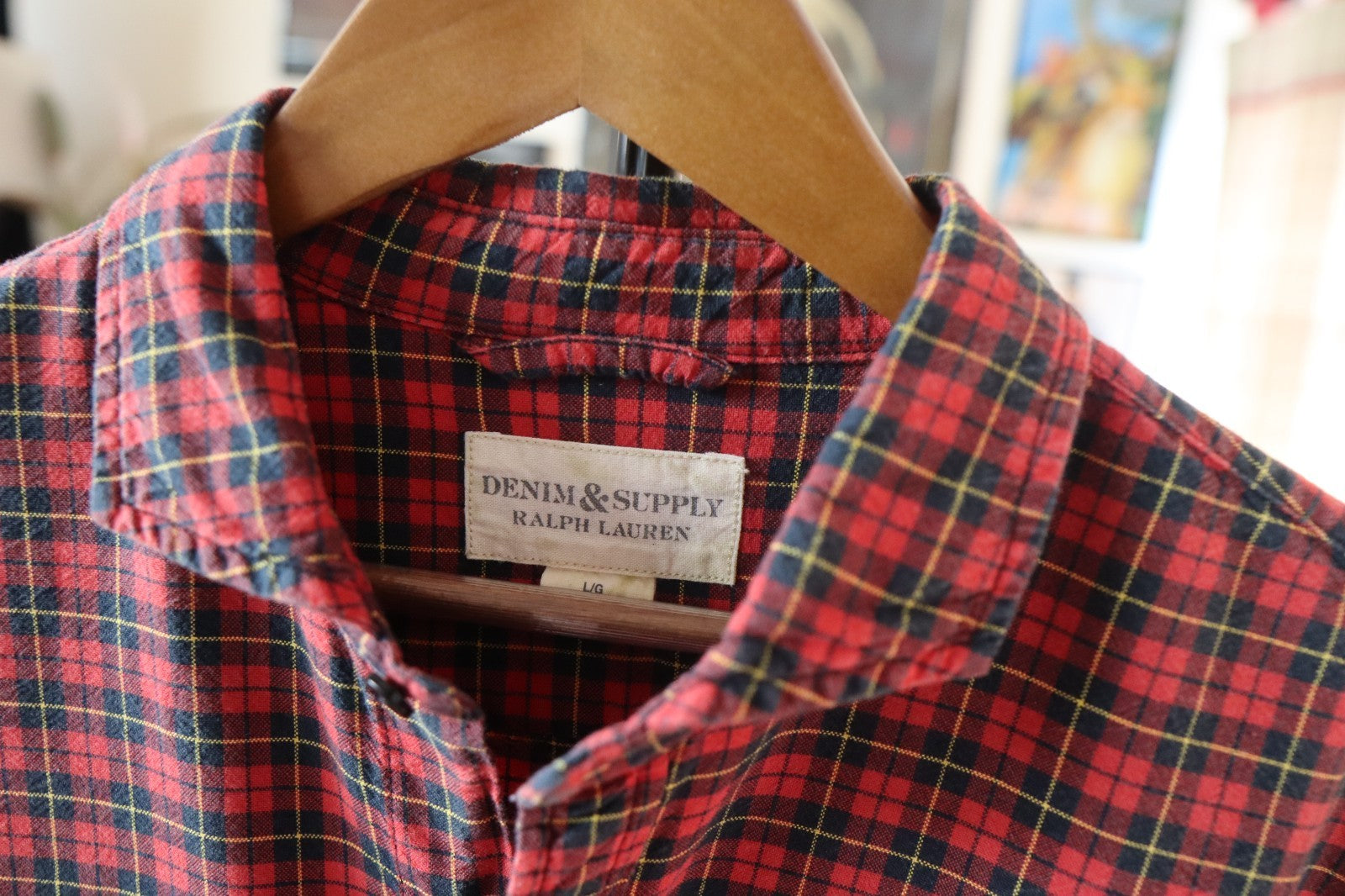 Denim & Supply Ralph Lauren Shirt Mens Oxford Cotton Red Plaid Shirt Large