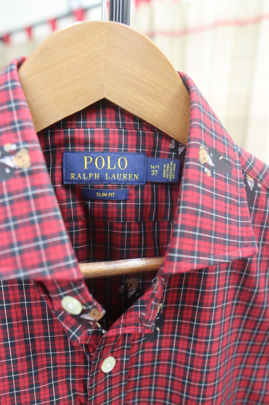 Polo Ralph Lauren Red/Black Plaid WINE-TOASTING BEARS Shirt Slim Fit 14 1/2 - 37