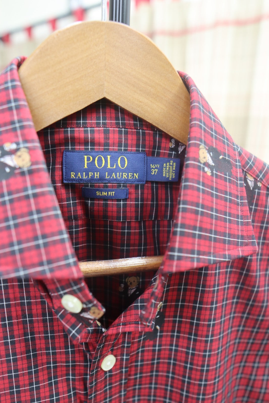 Polo Ralph Lauren Red/Black Plaid WINE-TOASTING BEARS Shirt Slim Fit 14 1/2 - 37