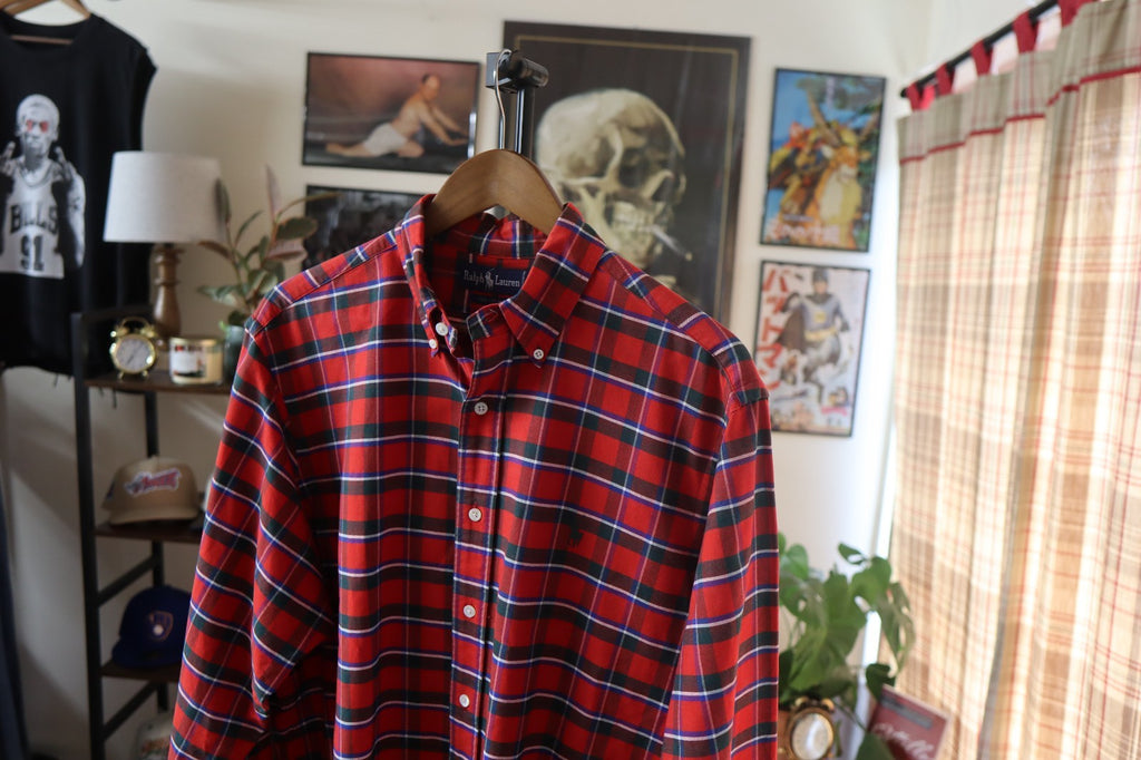 Vintage Ralph Lauren Polo Button Up Shirt Men XL Red Plaid Long Sleeve
