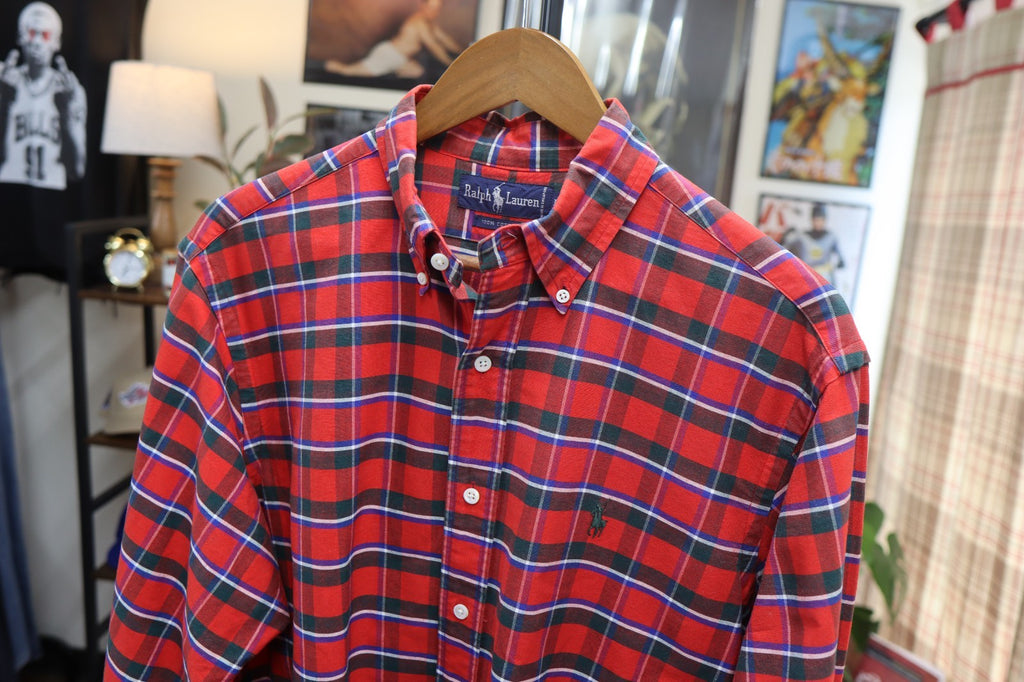 Vintage Ralph Lauren Polo Button Up Shirt Men XL Red Plaid Long Sleeve