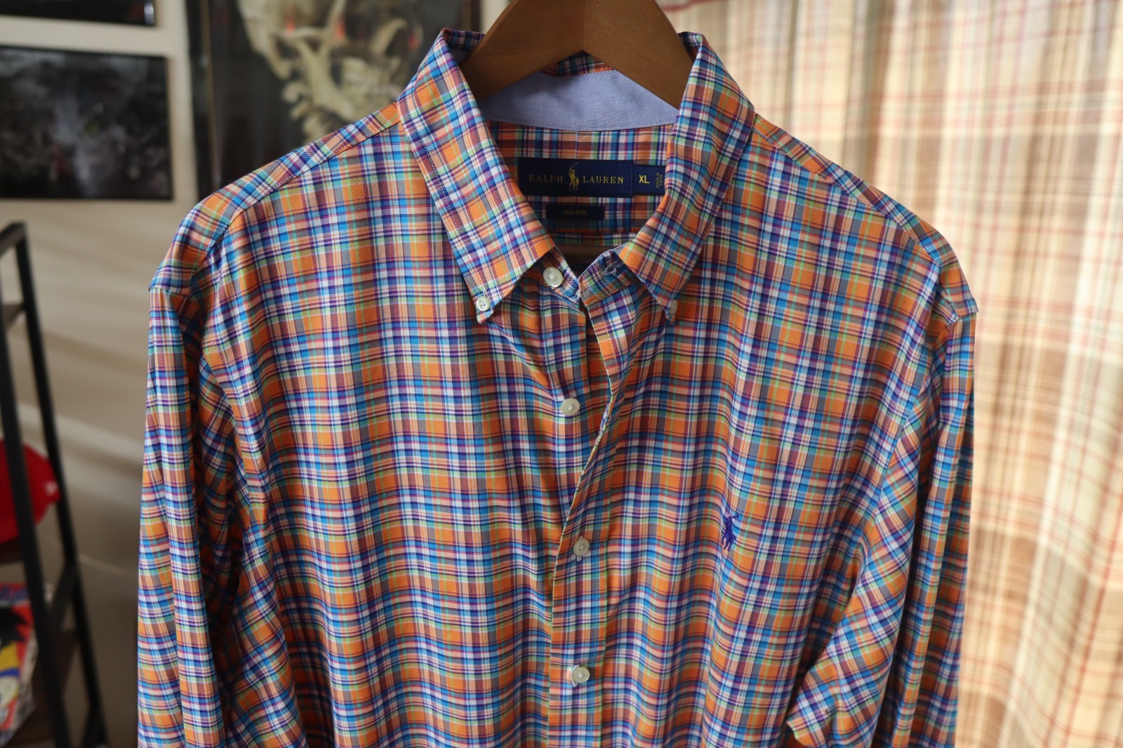 Ralph Lauren Polo Shirt Mens XL Plaid Orange & Blue Long Sleeve Polo Logo