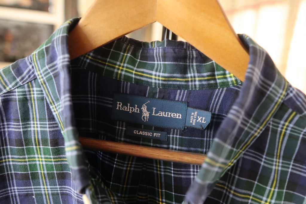 Ralph Lauren Button Up Shirt Men’s Large XL Blue Green Yellow Plaid Long Sleeves