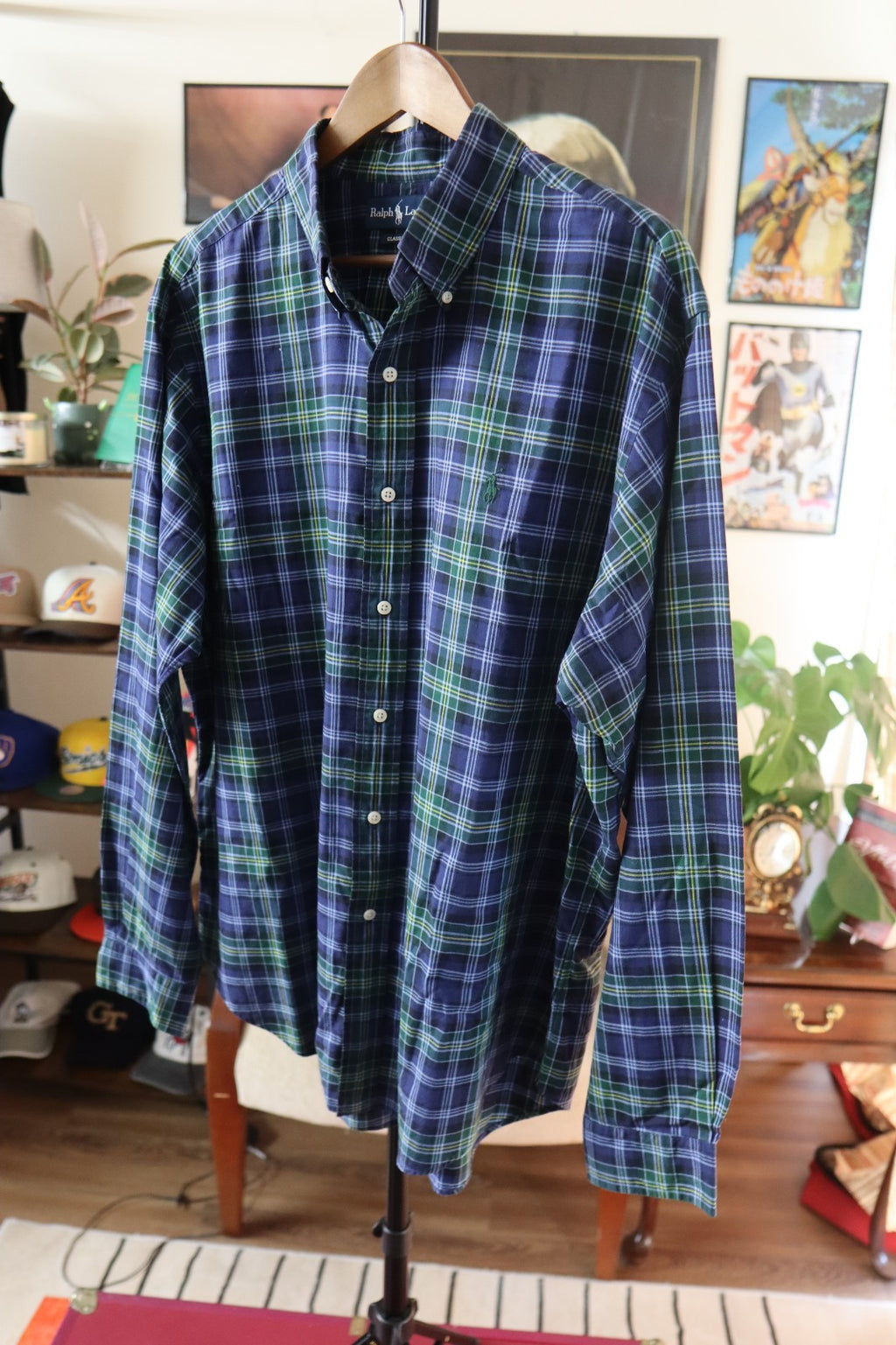 Ralph Lauren Button Up Shirt Men’s Large XL Blue Green Yellow Plaid Long Sleeves