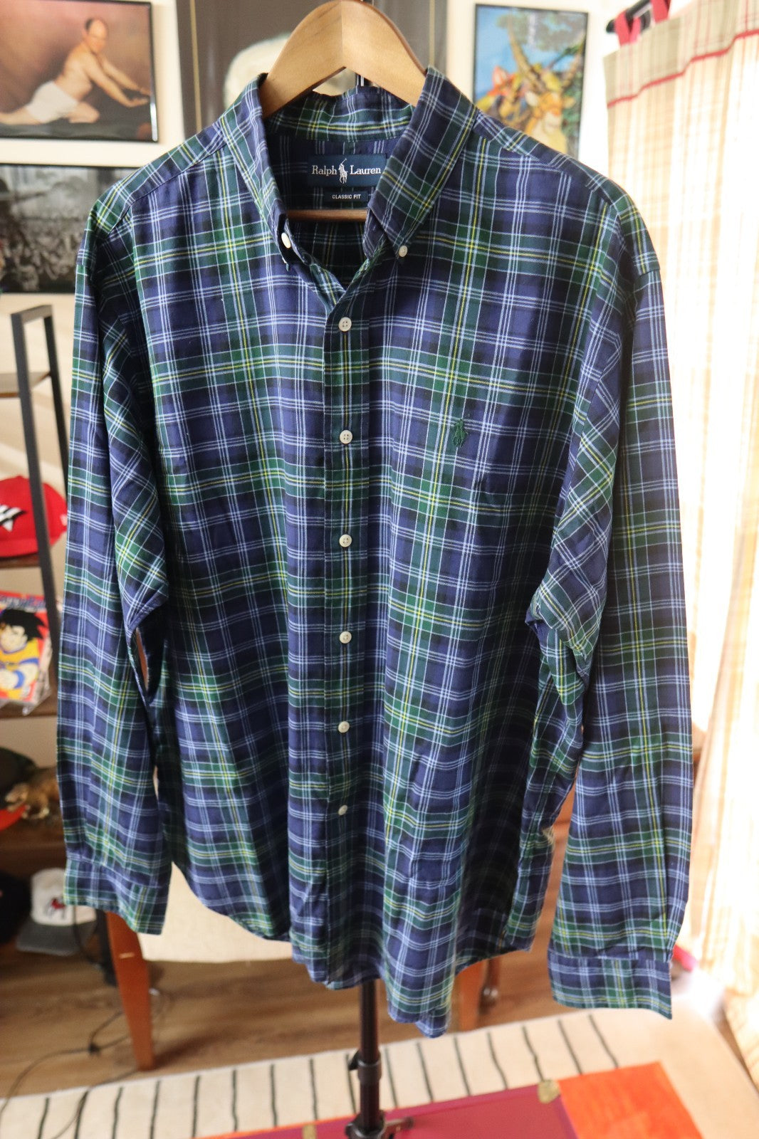 Ralph Lauren Button Up Shirt Men’s Large XL Blue Green Yellow Plaid Long Sleeves