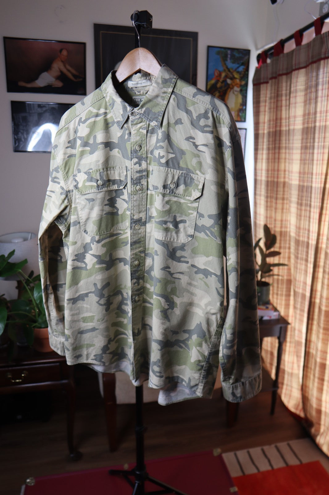 90s Vintage LL Bean Mens Large Button Down Shirt Green Camo Traditional