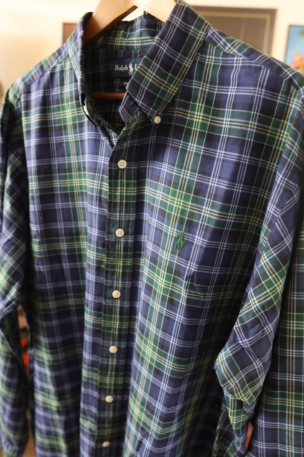 Ralph Lauren Button Up Shirt Men’s Large XL Blue Green Yellow Plaid Long Sleeves