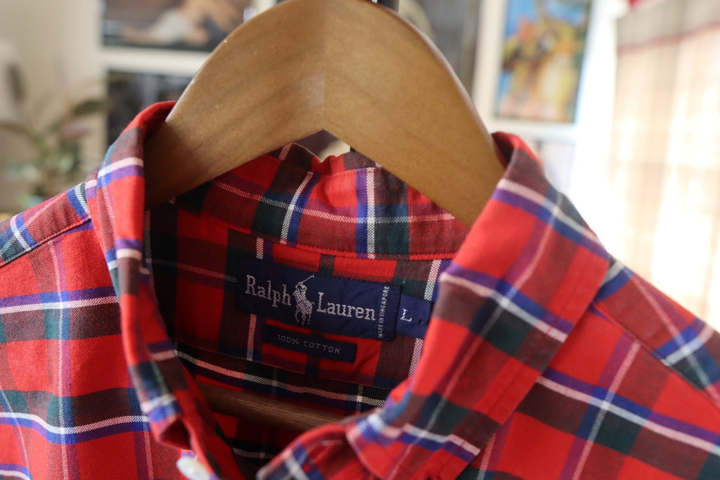Vintage Ralph Lauren Polo Button Up Shirt Men XL Red Plaid Long Sleeve
