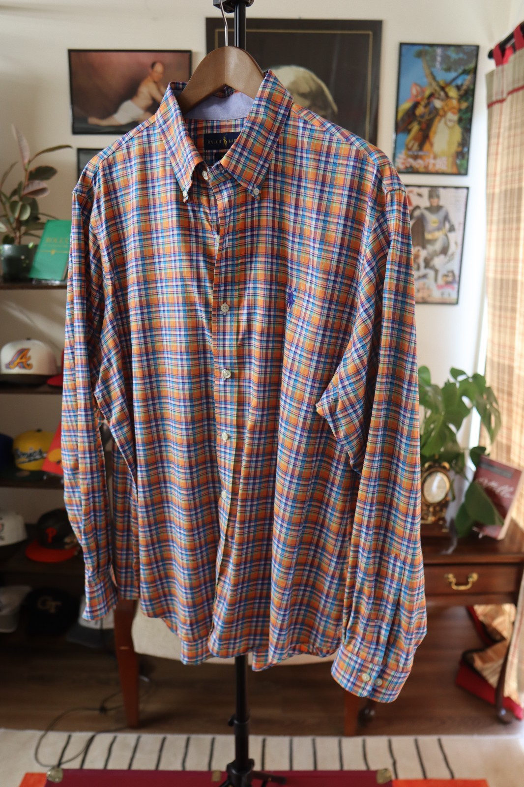 Ralph Lauren Polo Shirt Mens XL Plaid Orange & Blue Long Sleeve Polo Logo